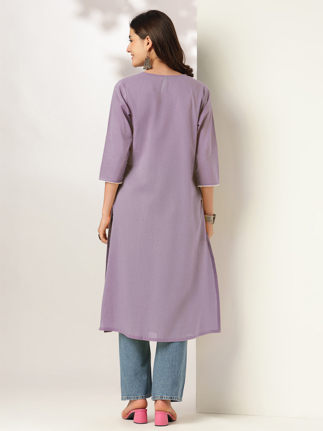 Janasya Light Cotton Yoke Embroidery Straight Kurta | Grocsy
