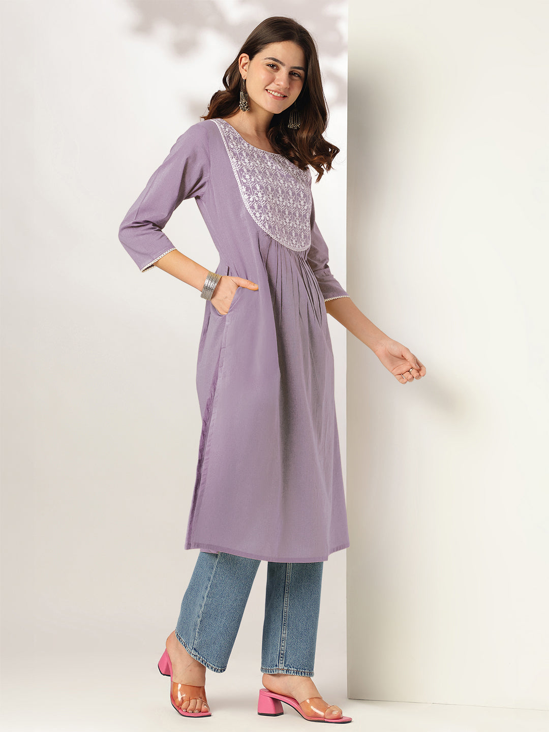 Janasya Light Cotton Yoke Embroidery Straight Kurta | Grocsy