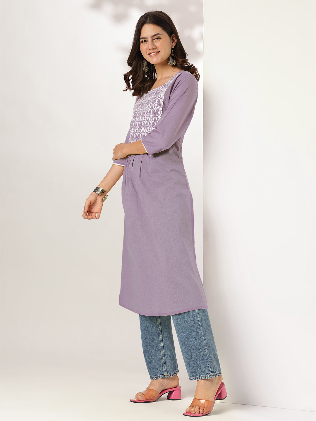 Janasya Light Cotton Yoke Embroidery Straight Kurta | Grocsy