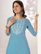 Janasya Light Cotton Yoke Embroidery Straight Kurta | Grocsy
