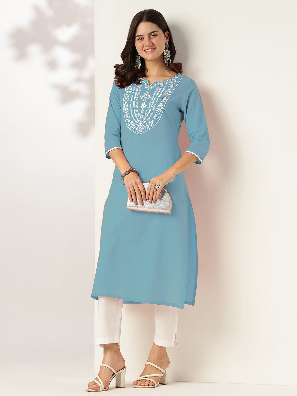 Janasya Light Cotton Yoke Embroidery Straight Kurta | Grocsy