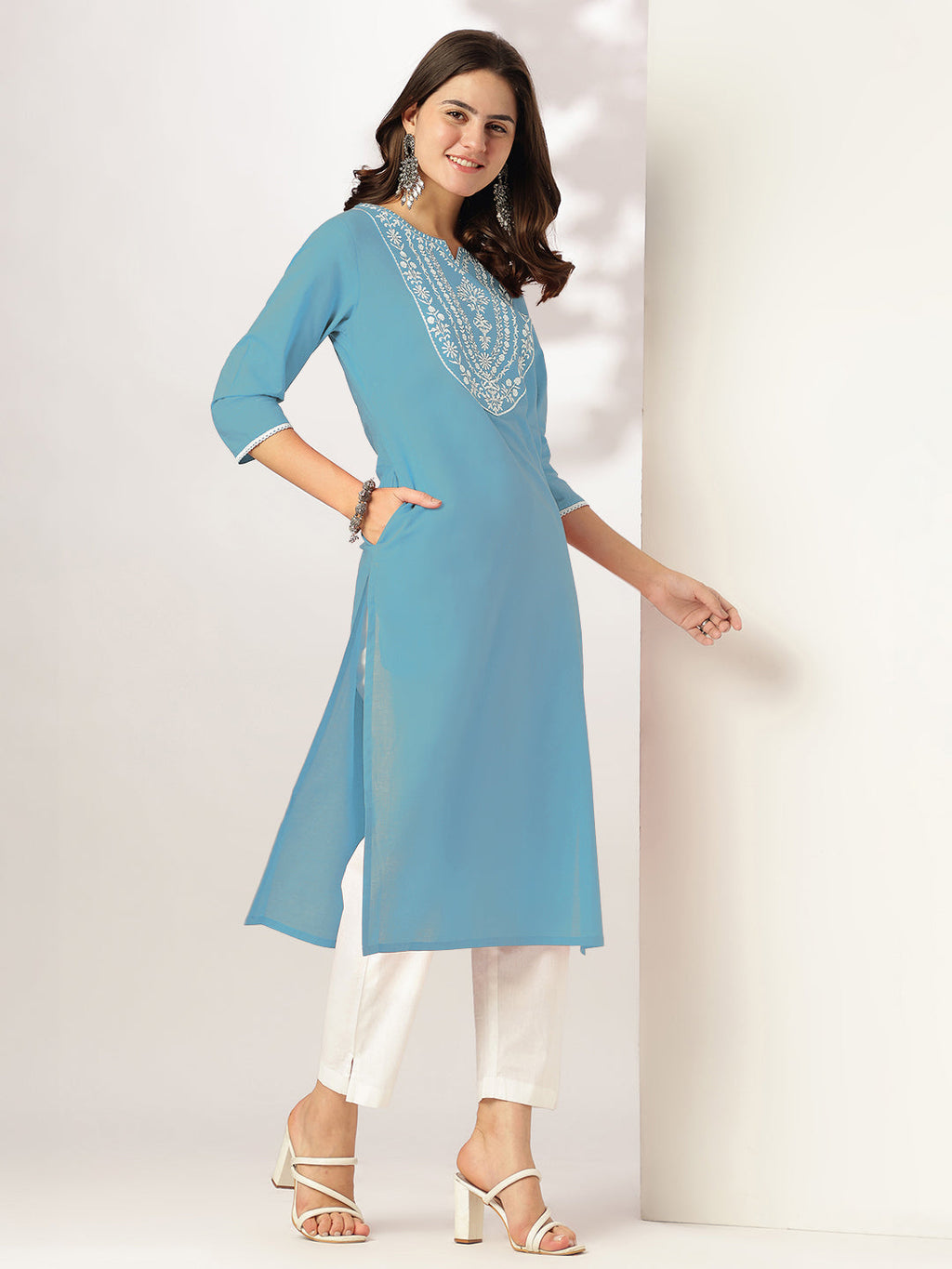 Janasya Light Cotton Yoke Embroidery Straight Kurta | Grocsy