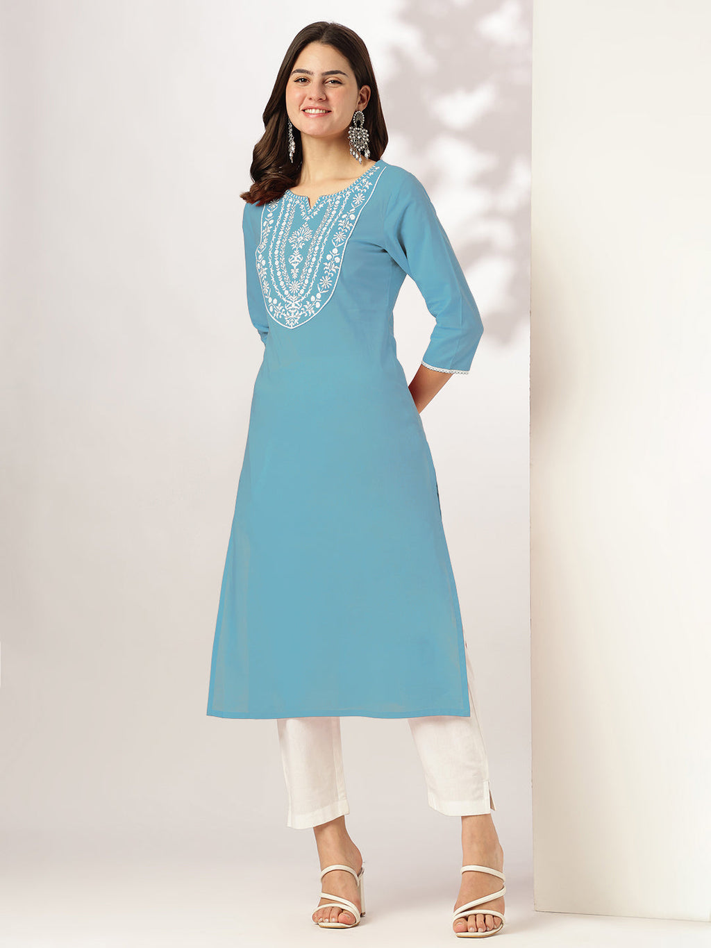 Janasya Light Cotton Yoke Embroidery Straight Kurta | Grocsy
