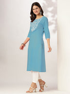 Janasya Light Cotton Yoke Embroidery Straight Kurta | Grocsy
