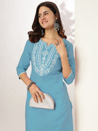 Janasya Light Cotton Yoke Embroidery Straight Kurta | Grocsy