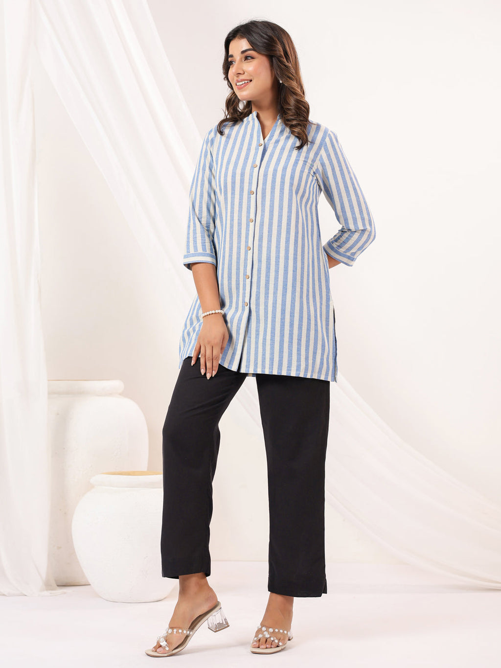 Janasya Light Cotton Striped Straight Kurta | Grocsy