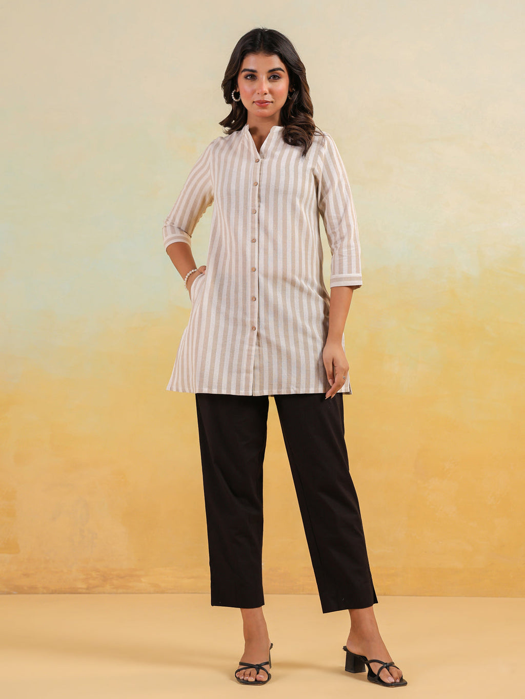Janasya Light Cotton Striped Straight Kurta | Grocsy