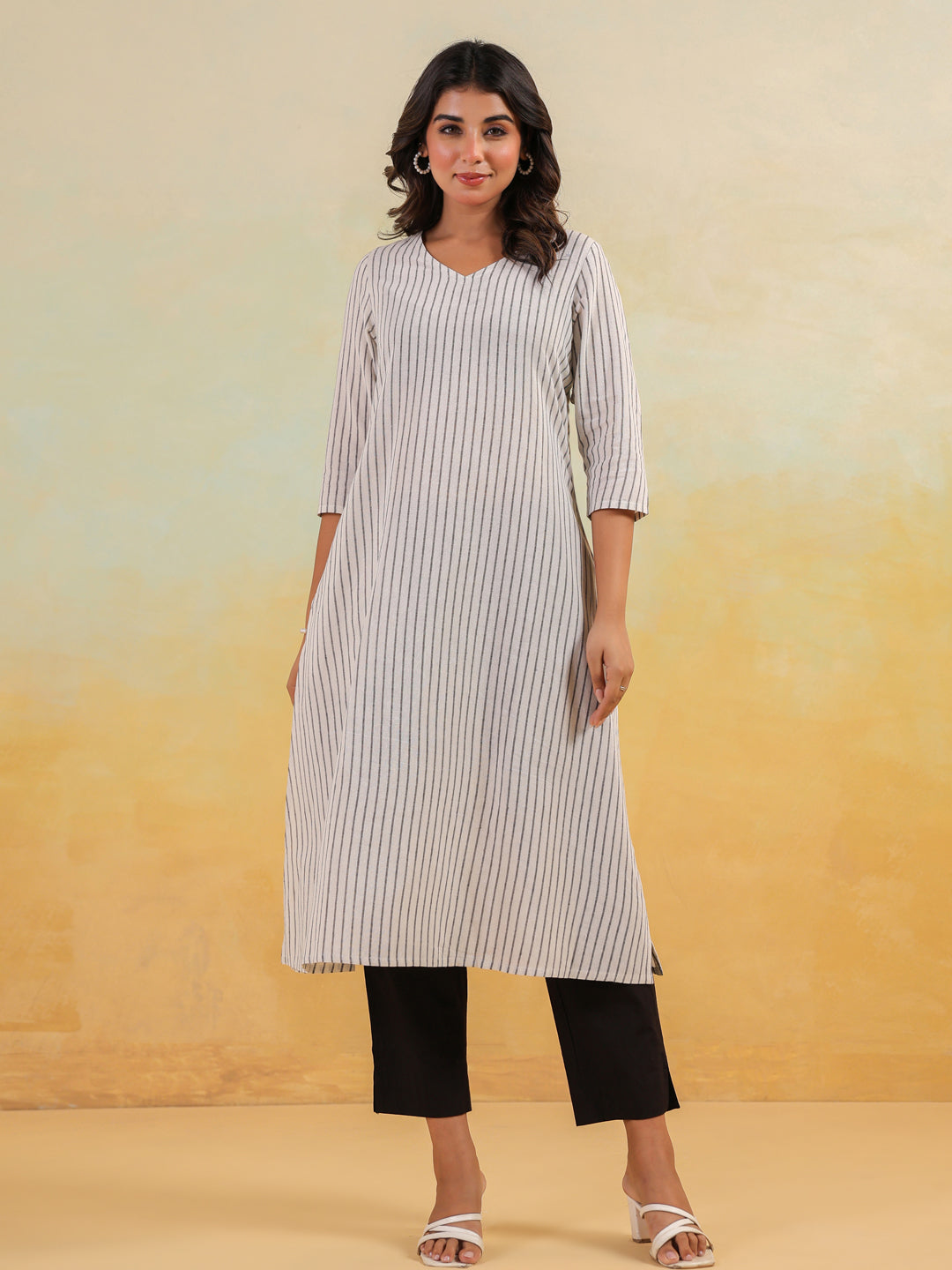 Janasya Light Cotton Striped Straight Kurta | Grocsy