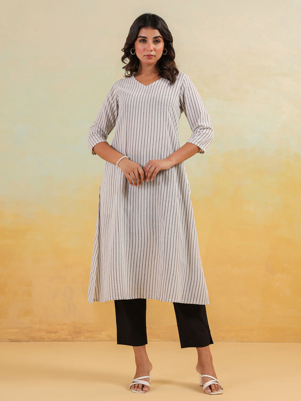Janasya Light Cotton Striped Straight Kurta | Grocsy