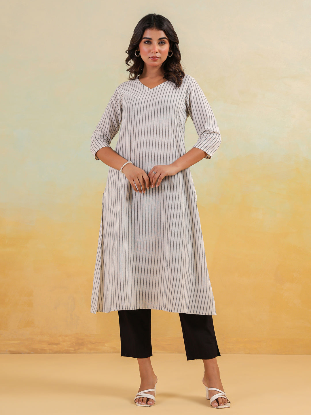Janasya Light Cotton Striped Straight Kurta | Grocsy