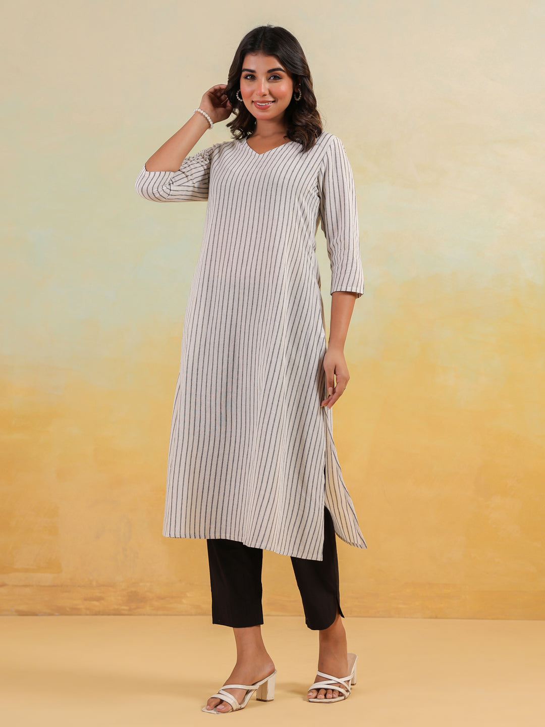 Janasya Light Cotton Striped Straight Kurta | Grocsy