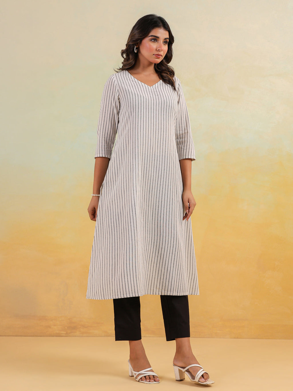 Janasya Light Cotton Striped Straight Kurta | Grocsy