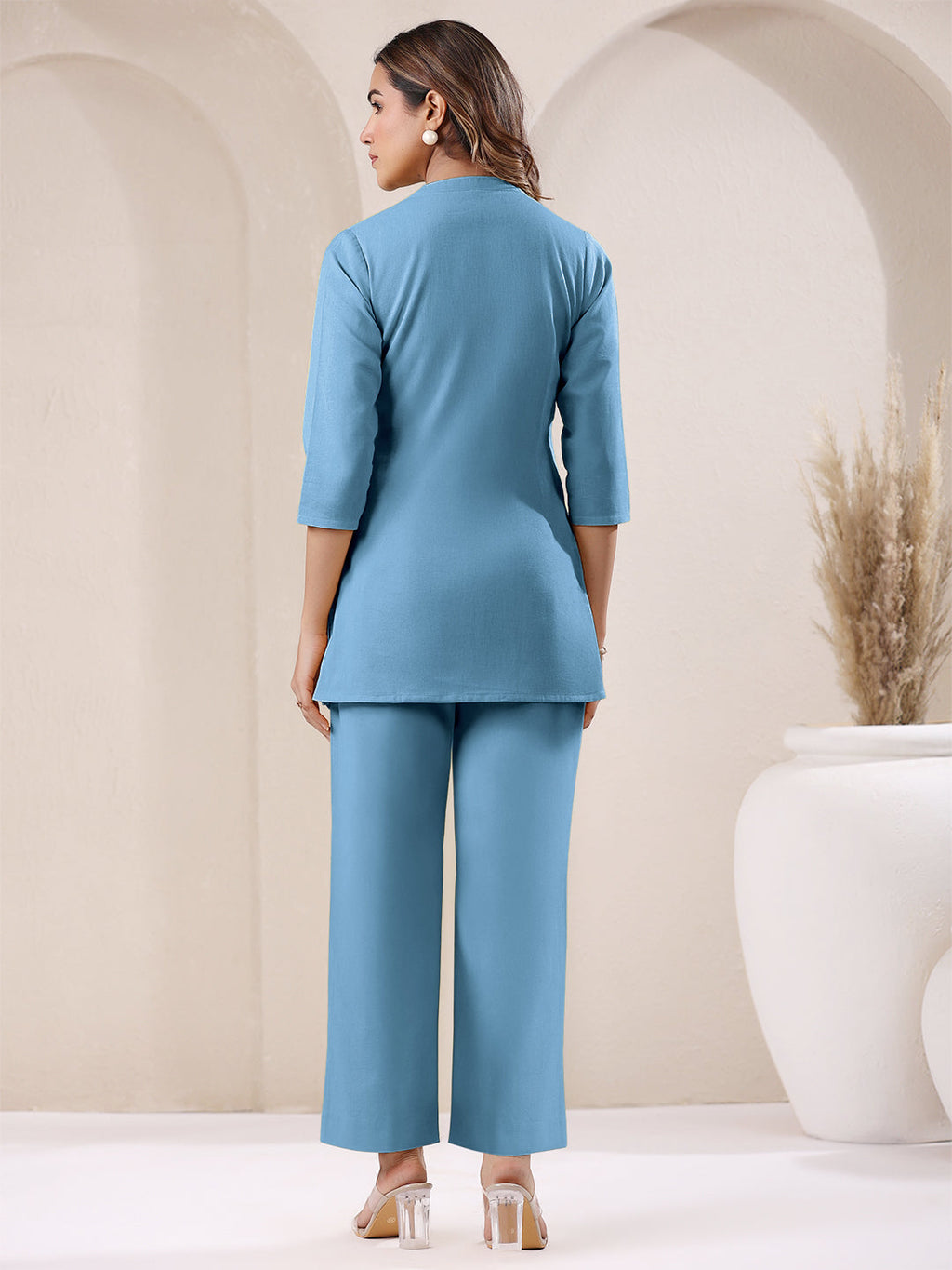 Janasya Light Blue Cotton Solid Pant | Grocsy
