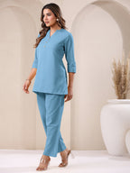 Janasya Light Blue Cotton Solid Pant | Grocsy