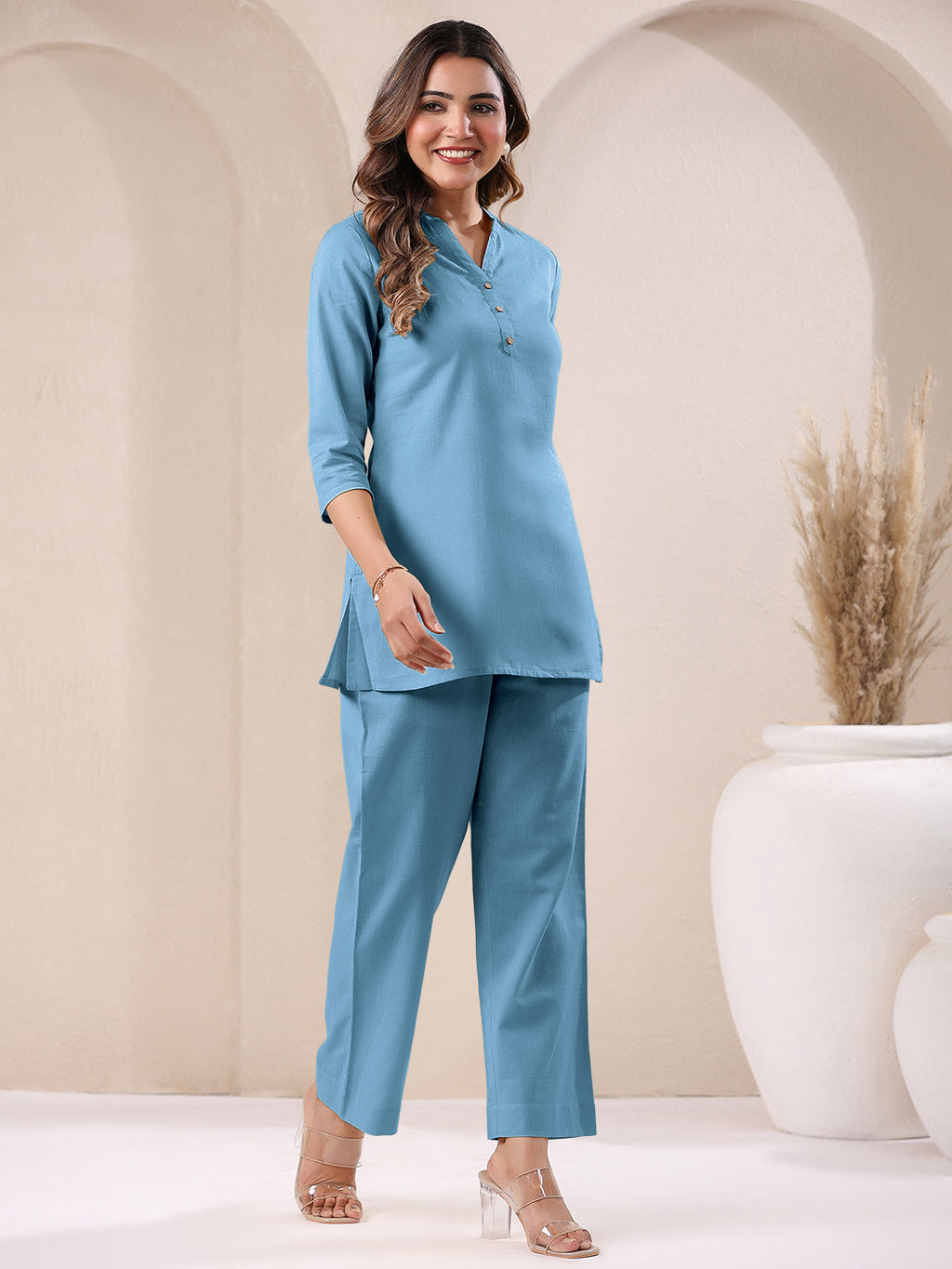 Janasya Light Blue Cotton Solid Pant | Grocsy