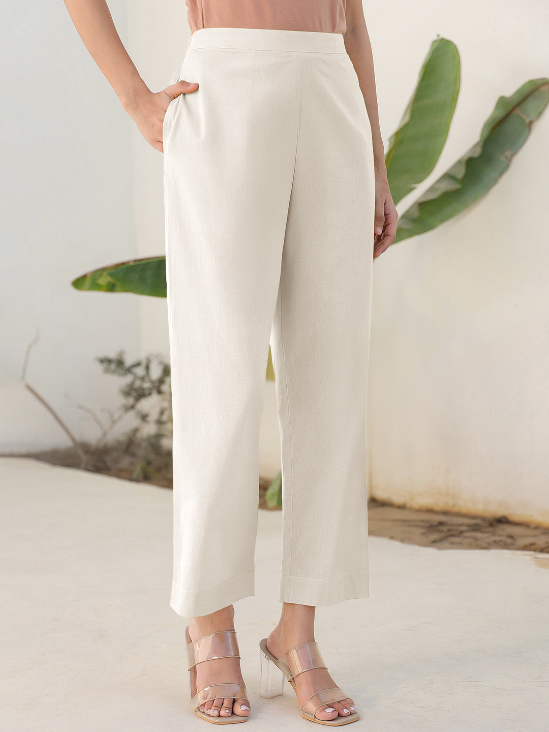 Janasya Off White Cotton Solid Pant | Grocsy