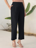 Janasya Black Cotton Solid Pant | Grocsy