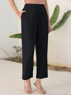 Janasya Black Cotton Solid Pant | Grocsy