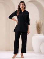 Janasya Black Cotton Solid Pant | Grocsy