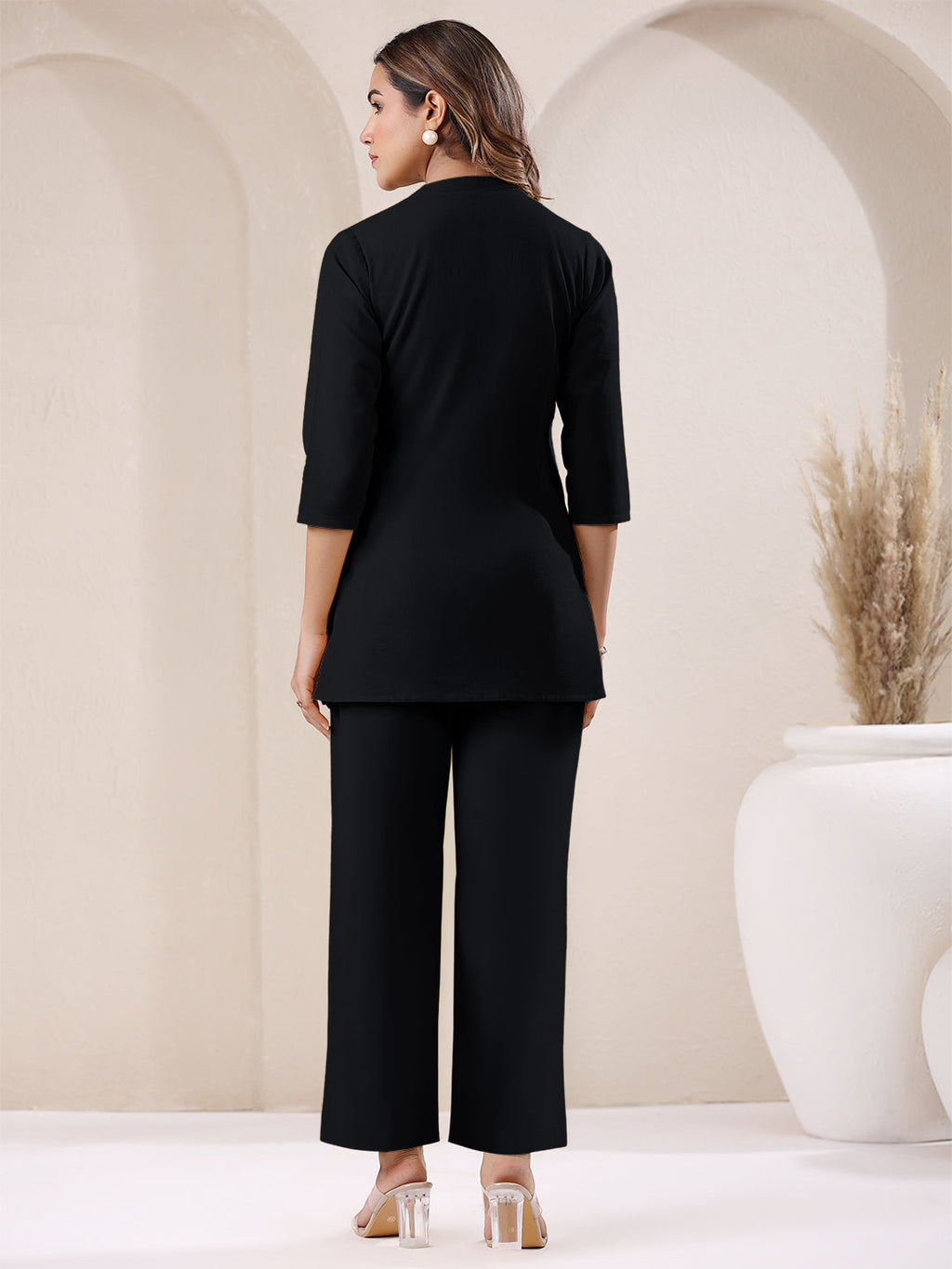 Janasya Black Cotton Solid Pant | Grocsy