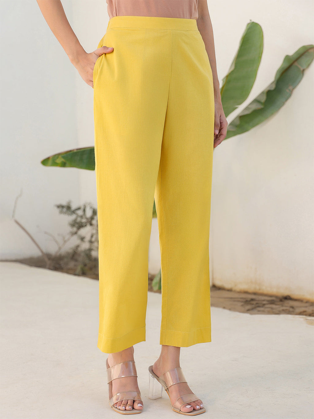 Janasya Yellow Cotton Solid Pant | Grocsy