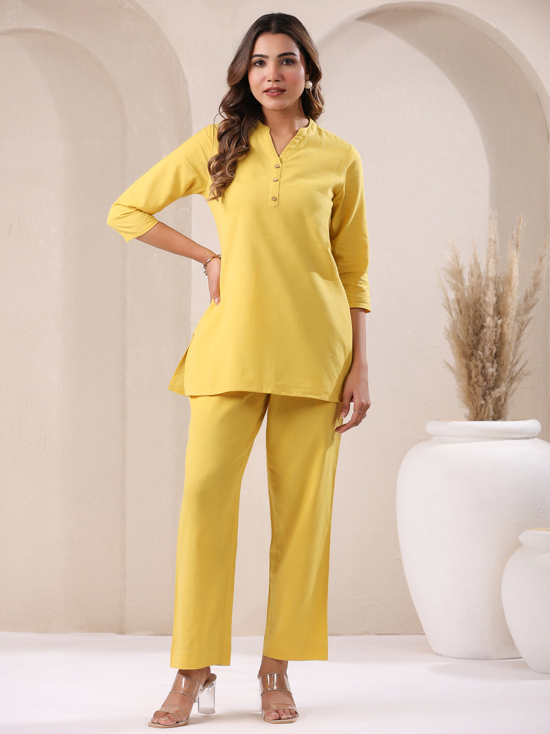 Janasya Yellow Cotton Solid Pant | Grocsy