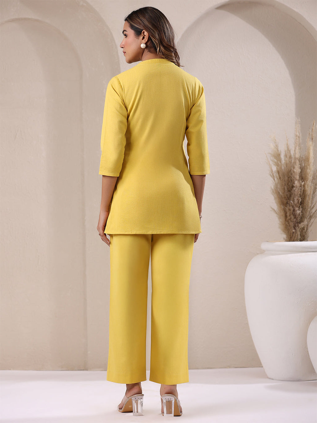 Janasya Yellow Cotton Solid Pant | Grocsy
