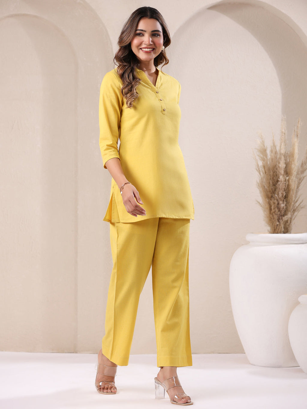 Janasya Yellow Cotton Solid Pant | Grocsy