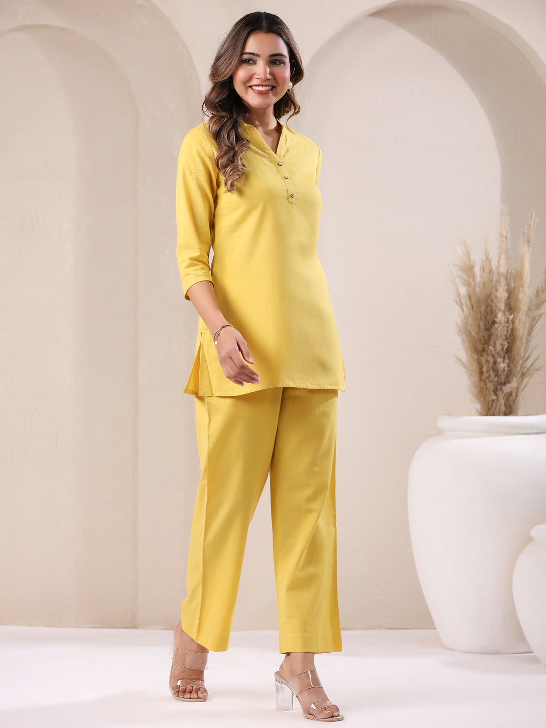 Janasya Yellow Cotton Solid Pant | Grocsy