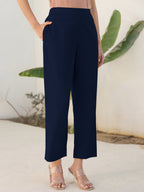 Janasya Navy Blue Cotton Solid Pant | Grocsy