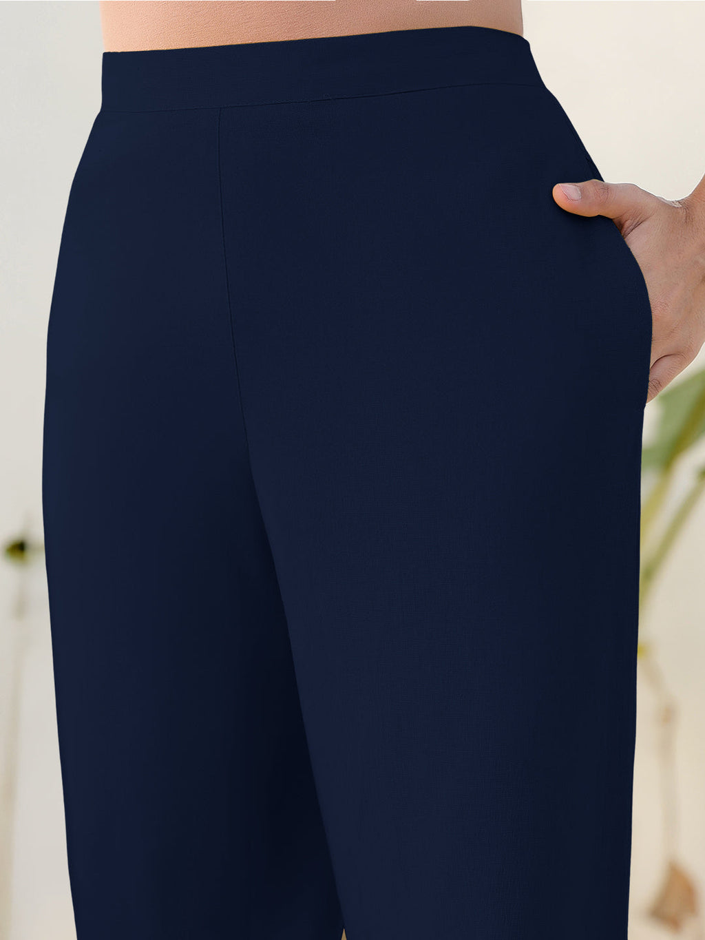 Janasya Navy Blue Cotton Solid Pant | Grocsy
