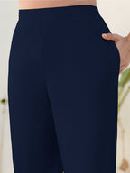 Janasya Navy Blue Cotton Solid Pant | Grocsy