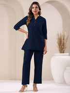 Janasya Navy Blue Cotton Solid Pant | Grocsy