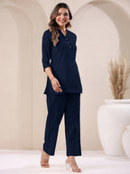 Janasya Navy Blue Cotton Solid Pant | Grocsy