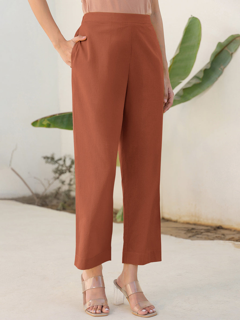 Janasya Rust Cotton Solid Pant | Grocsy