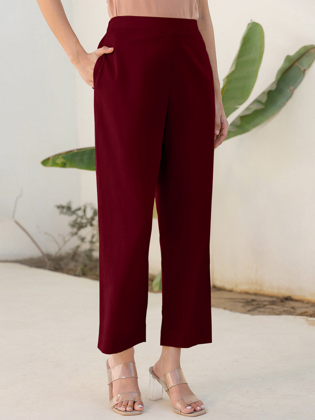 Janasya Maroon Cotton Solid Pant | Grocsy