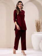 Janasya Maroon Cotton Solid Pant | Grocsy