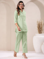 Janasya Mint Cotton Solid Pant | Grocsy