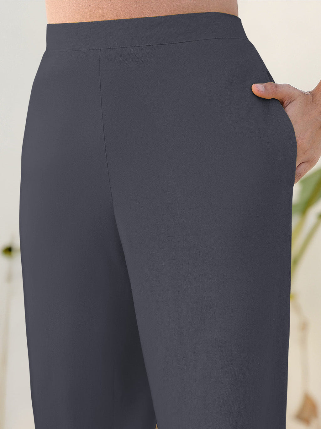 Janasya Grey Cotton Solid Pant | Grocsy