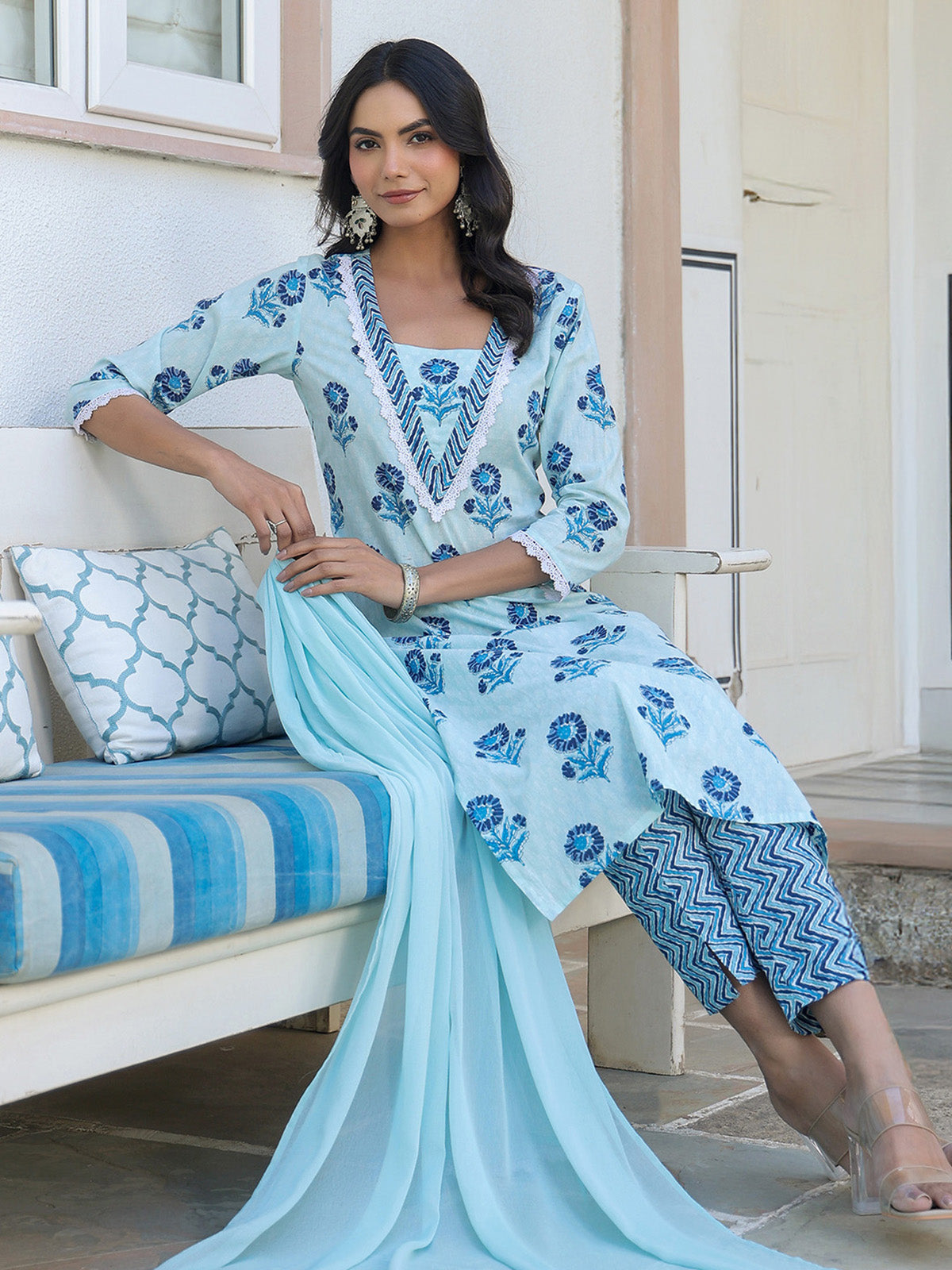 Janasya Light Cotton Floral Straight Kurta Set | Grocsy