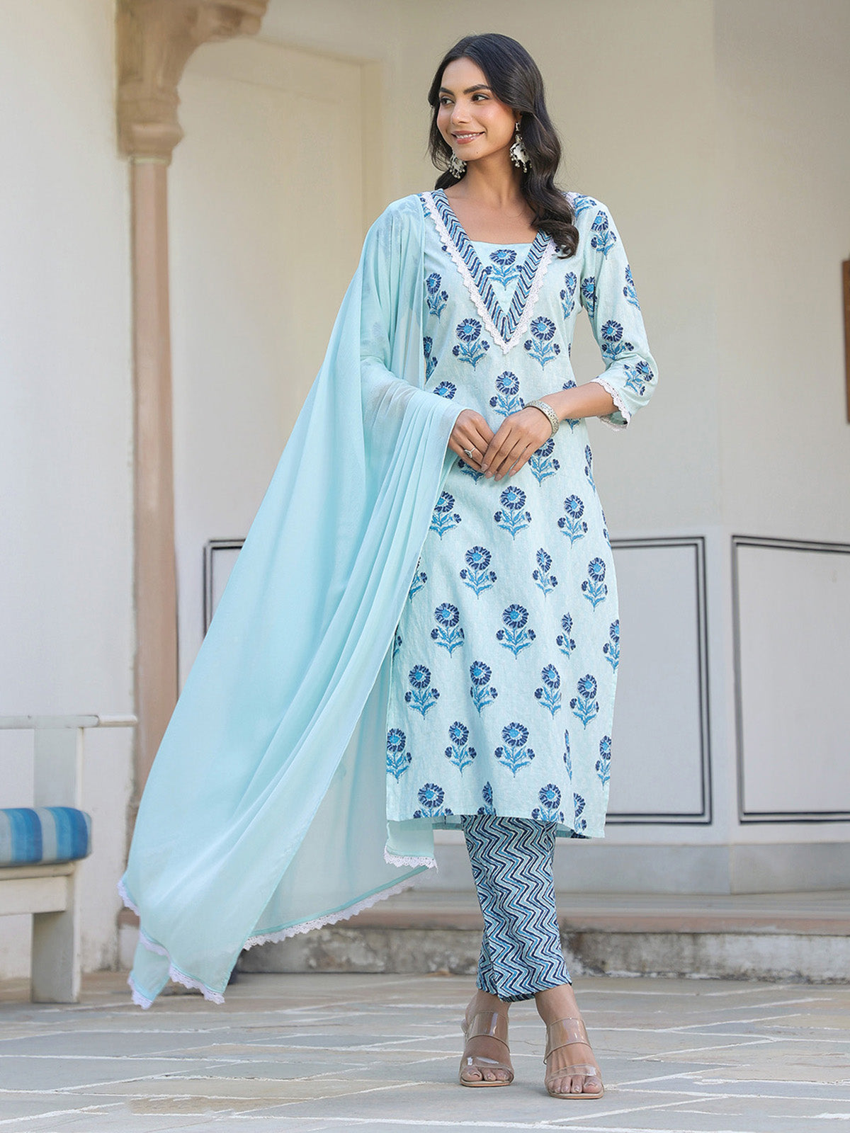Janasya Light Cotton Floral Straight Kurta Set | Grocsy