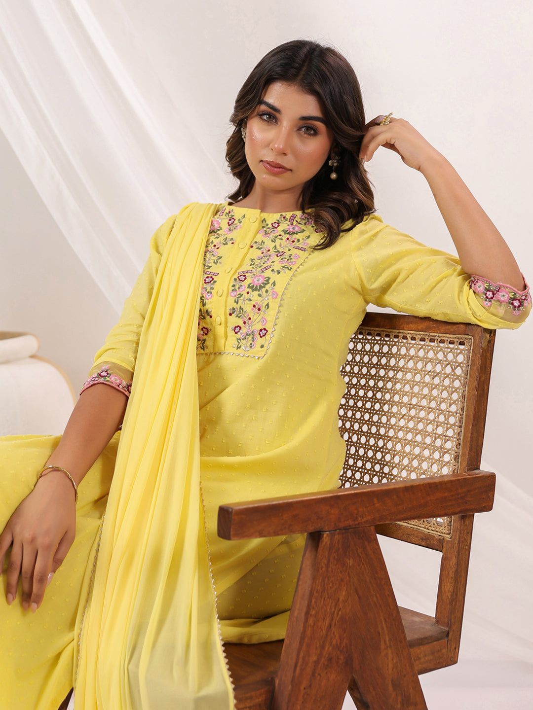 Janasya Light Dobby Cotton Embroidered Straight Kurta Set | Grocsy