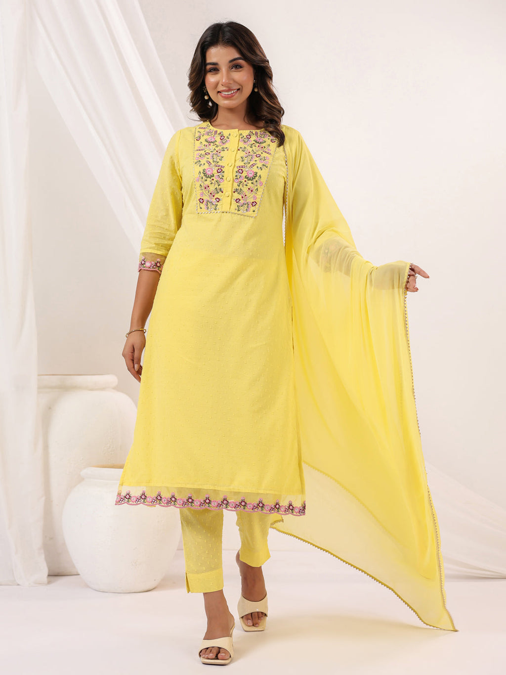 Janasya Light Dobby Cotton Embroidered Straight Kurta Set | Grocsy