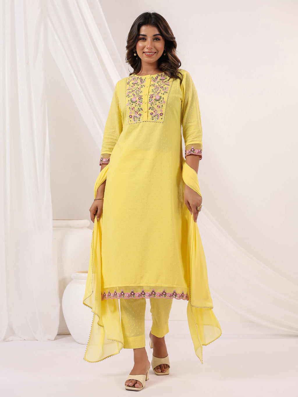 Janasya Light Dobby Cotton Embroidered Straight Kurta Set | Grocsy