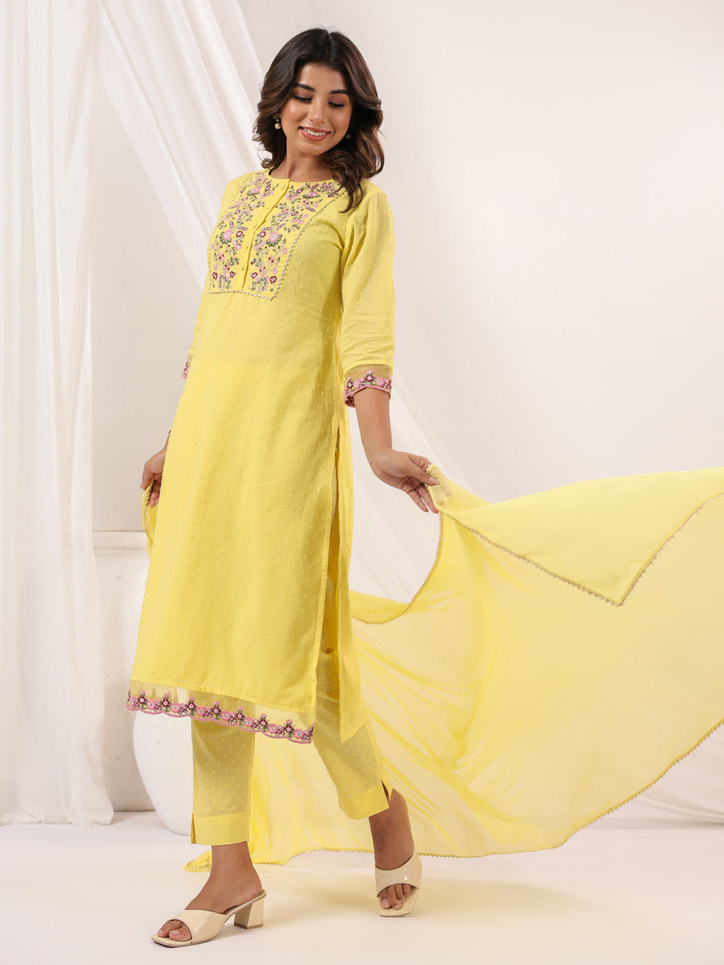 Janasya Light Dobby Cotton Embroidered Straight Kurta Set | Grocsy