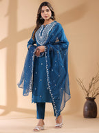 Janasya Dark Silk Blend Embroidered Straight Kurta Set | Grocsy