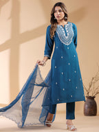 Janasya Dark Silk Blend Embroidered Straight Kurta Set | Grocsy