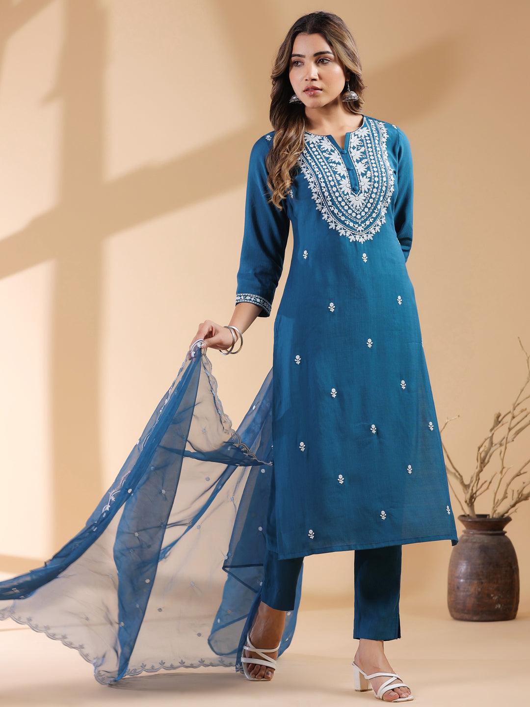 Janasya Dark Silk Blend Embroidered Straight Kurta Set | Grocsy