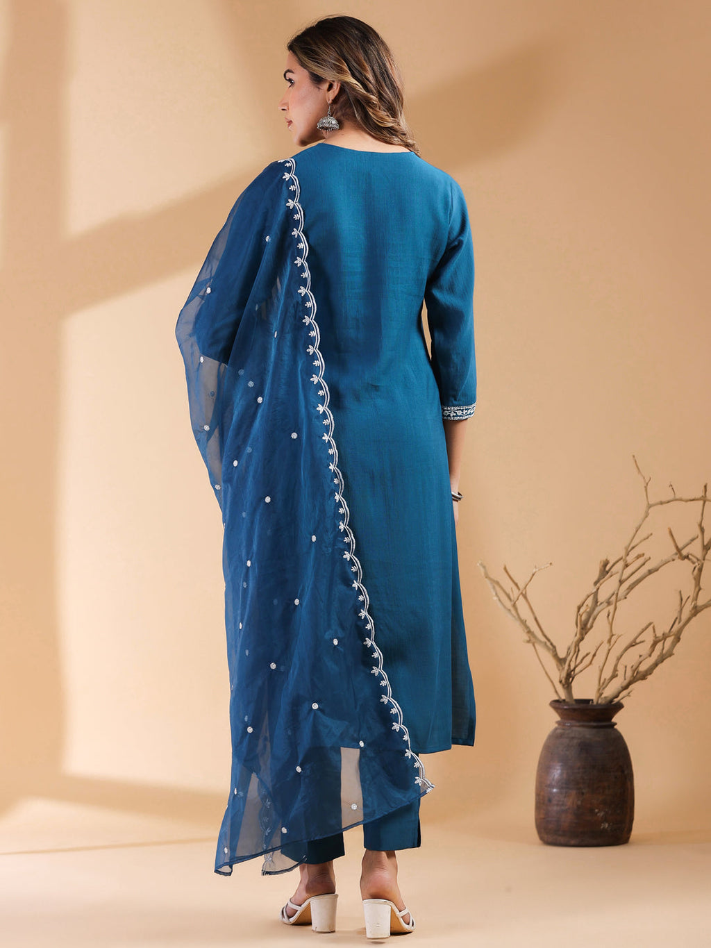Janasya Dark Silk Blend Embroidered Straight Kurta Set | Grocsy