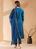 Janasya Dark Silk Blend Embroidered Straight Kurta Set | Grocsy